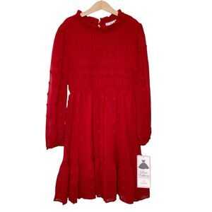 Rare Editions Red Girls' 12 Clip Dot Chiffon Smocked Dress Ruffled Neckline NWT